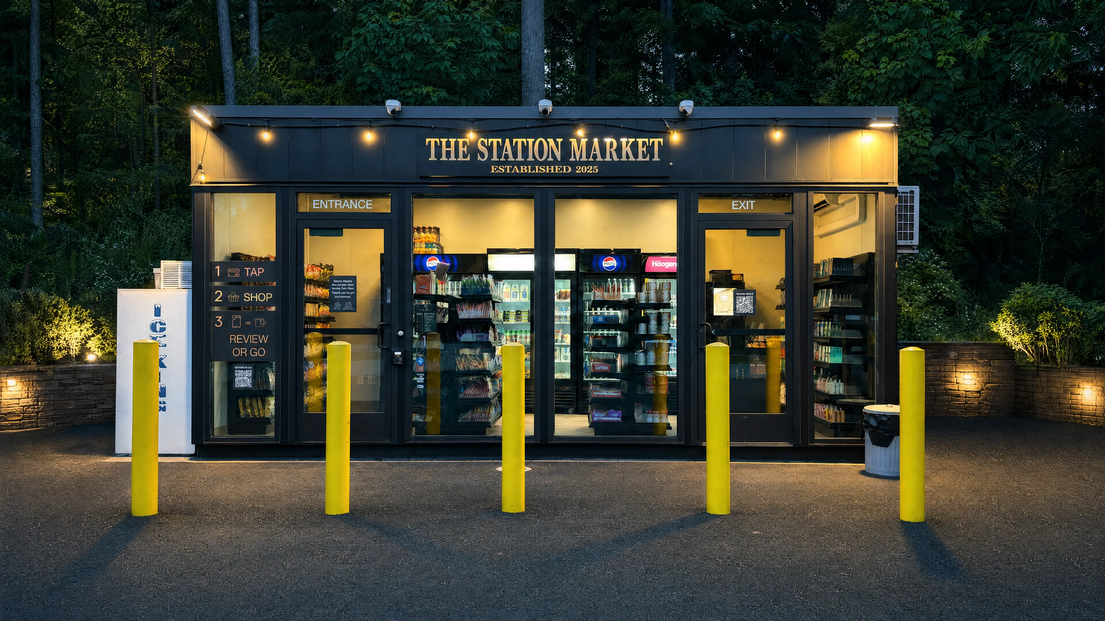 The Station Market, a black and gold autonomous convenience store kiosk in Kinnelon, New Jersey, lit at dusk with string lights and marked entrance and exit doors